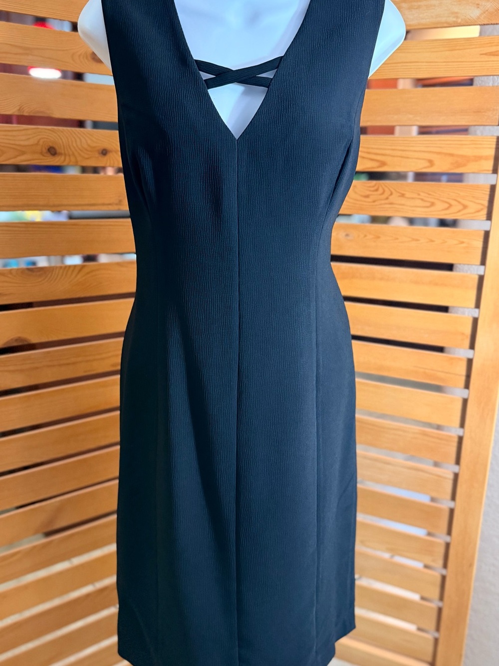 Calvin Klein Black V-Neck Sleeveless Sheath Dress with Front Seam